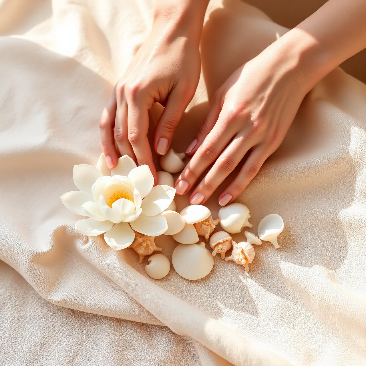 Mains au repos avec un lotus et des coquillages